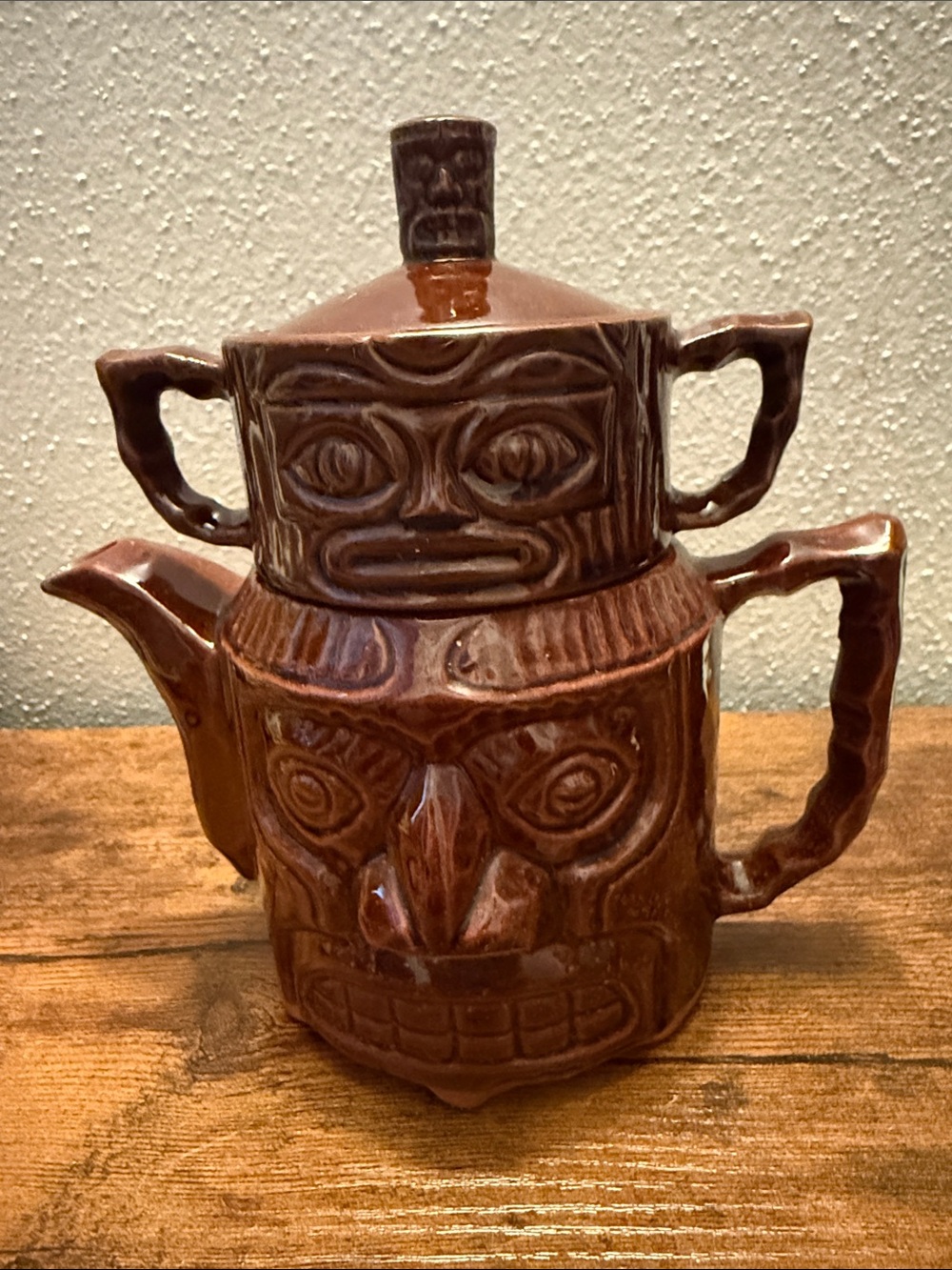 Vintage Stacking Tiki Tea Set Brown Glazed Tea Pot,Sugar Bowl Missing Creamer